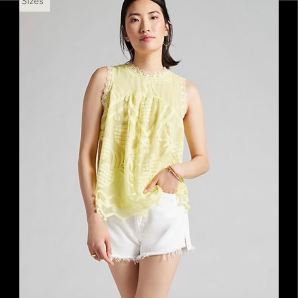 Anthropologie Maeve Yellow Lace Trim Sleeveless Blouse